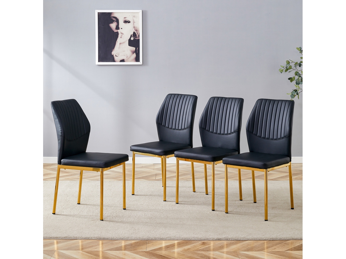 Juego De 4 Sillas De Comedor - Estilo Ligero-lujoso, Respaldo De Pu Negro Con Grabado Vertical + Patas Metálicas Doradas - Negro+dorado