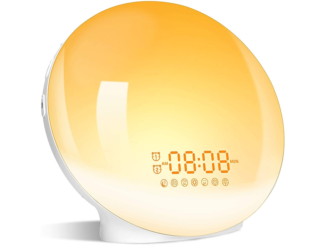 Despertador con amanecer, simulación gradual del amanecer y alarmas duales, sonidos de la naturaleza, brillo ajustable, luz nocturna de 7 colores para niños.