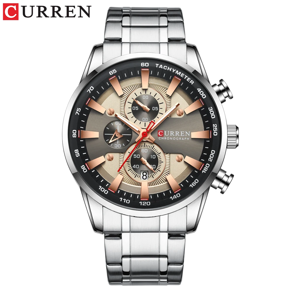 Reloj para hombre (gris-plata), cronógrafo deportivo, esfera de acero inoxidable con indicador de fecha.