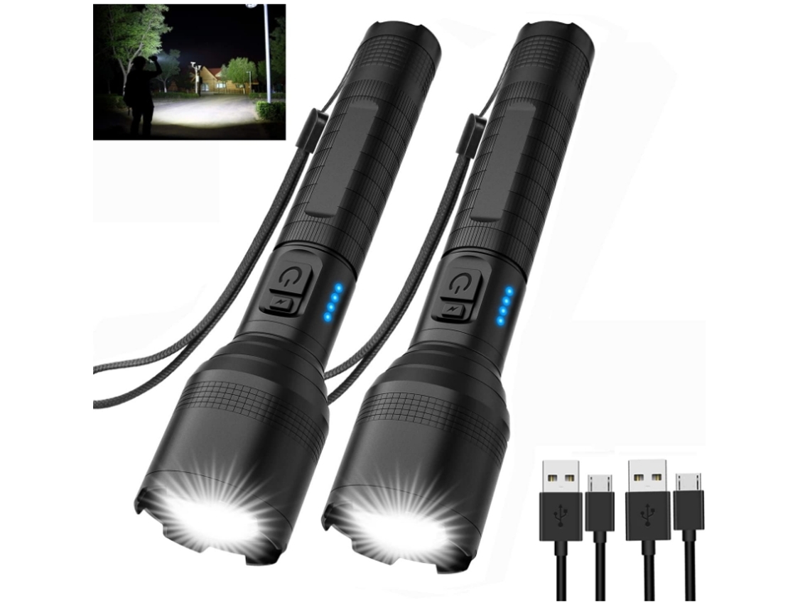 Paquete de 2 linternas superbrillantes de 10.000 lúmenes, linterna LED de alta potencia, 5 modos de zoom, alta potencia, resistente al agua, color negro YEMAESRE