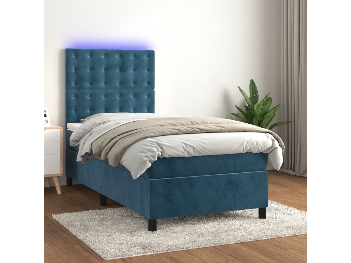 Cama Box Spring Colchón Y Led Terciopelo Azul Oscuro 80x200 Cm