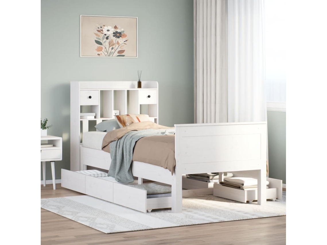 Syfax™ Cama Con Estantería Sin Colchón Madera Maciza Blanco 90x200 Cm