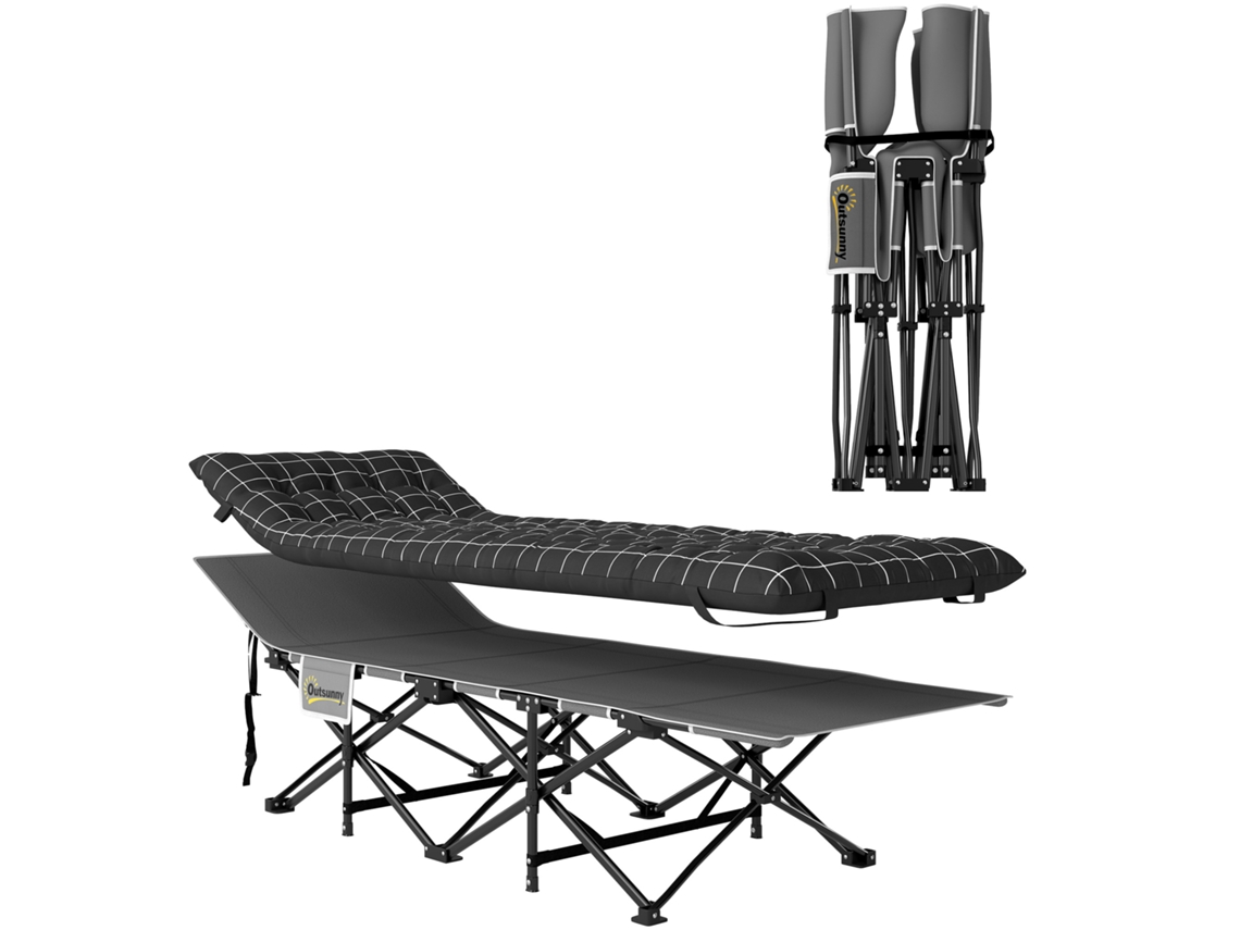 Cama plegable de camping con colchón ergonómico y estructura metálica negra.
