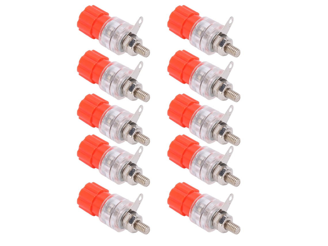 10 conectores banana de 4 mm, tornillo de cobre transparente, material de aleación de zinc, pin de conexión para altavoz, 30 V CA - 60 V CC, rojo