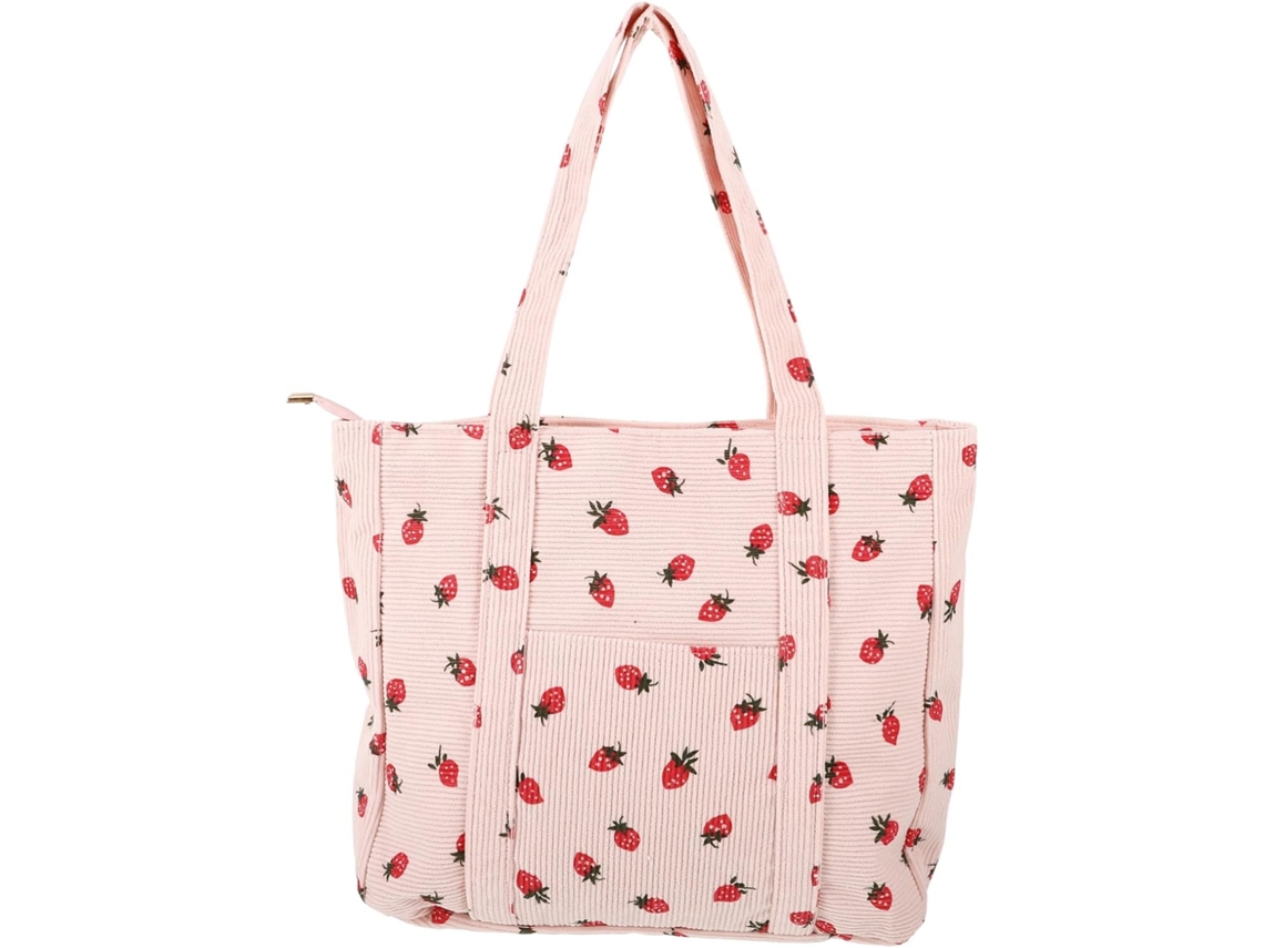 Bolso De Lona Para Mujer, Bolso De Hombro Con Estampado De Fresas, Reutilizable, Bolso Ligero.