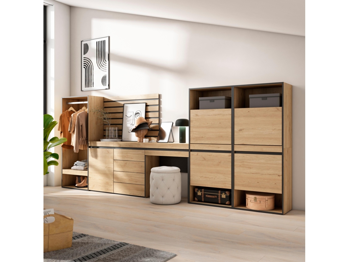 Zapatero, 357x145x35 cm, Dormitorio, habitación, Vestidor abierto, Cómoda, Cajonera, Listones Decorativos, Tocador, Roble SKRAUT HOME