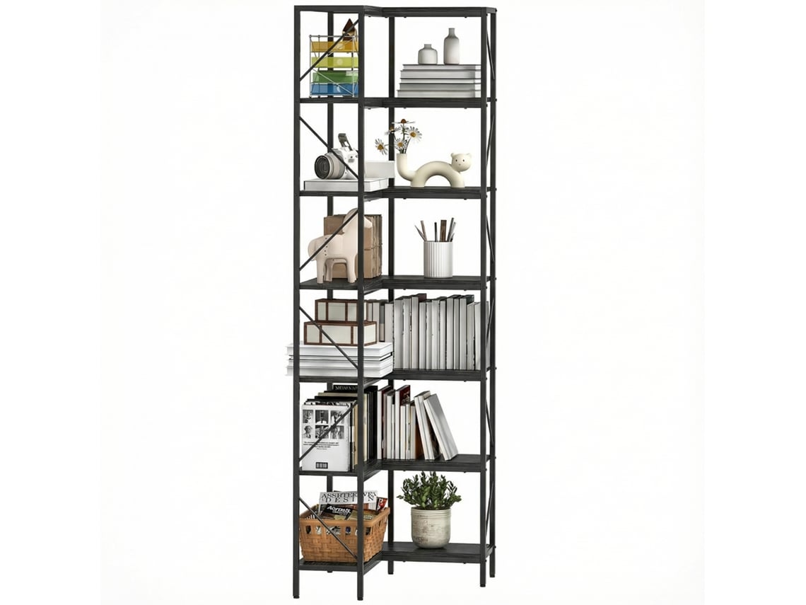Librería esquinera con 7 baldas, estilo industrial, acabado en madera negra.