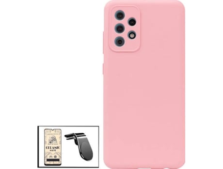 Kit Cristal Templado CeramicGlass Full Cover, Funda Silicona y Soporte Magnético L Safe Driving Coche Samsung Galaxy A52s 5G PHONECARE Rosa