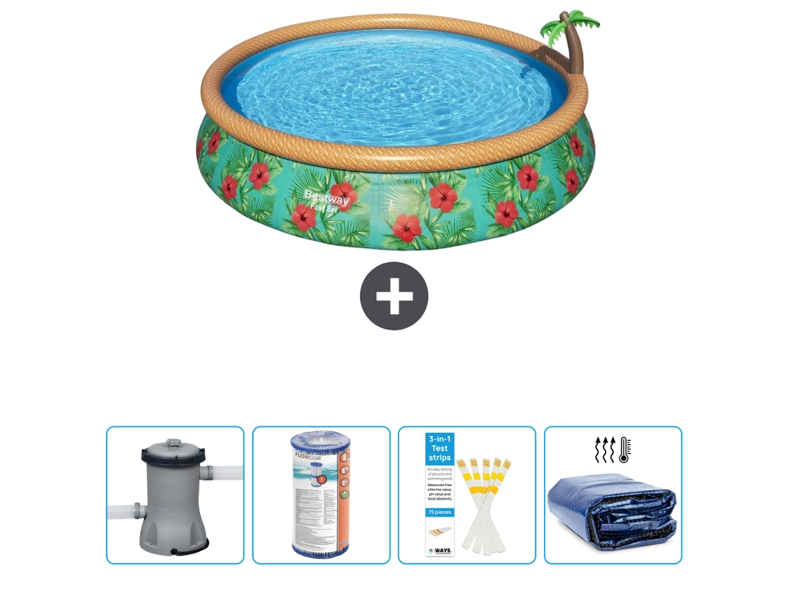 Piscina Hinchable Redonda Fast Set BESTWAY - Estampado Paraíso - 457 x 84 cm - Bomba Incluida Filtrar - Tiras de prueba - Vela solar