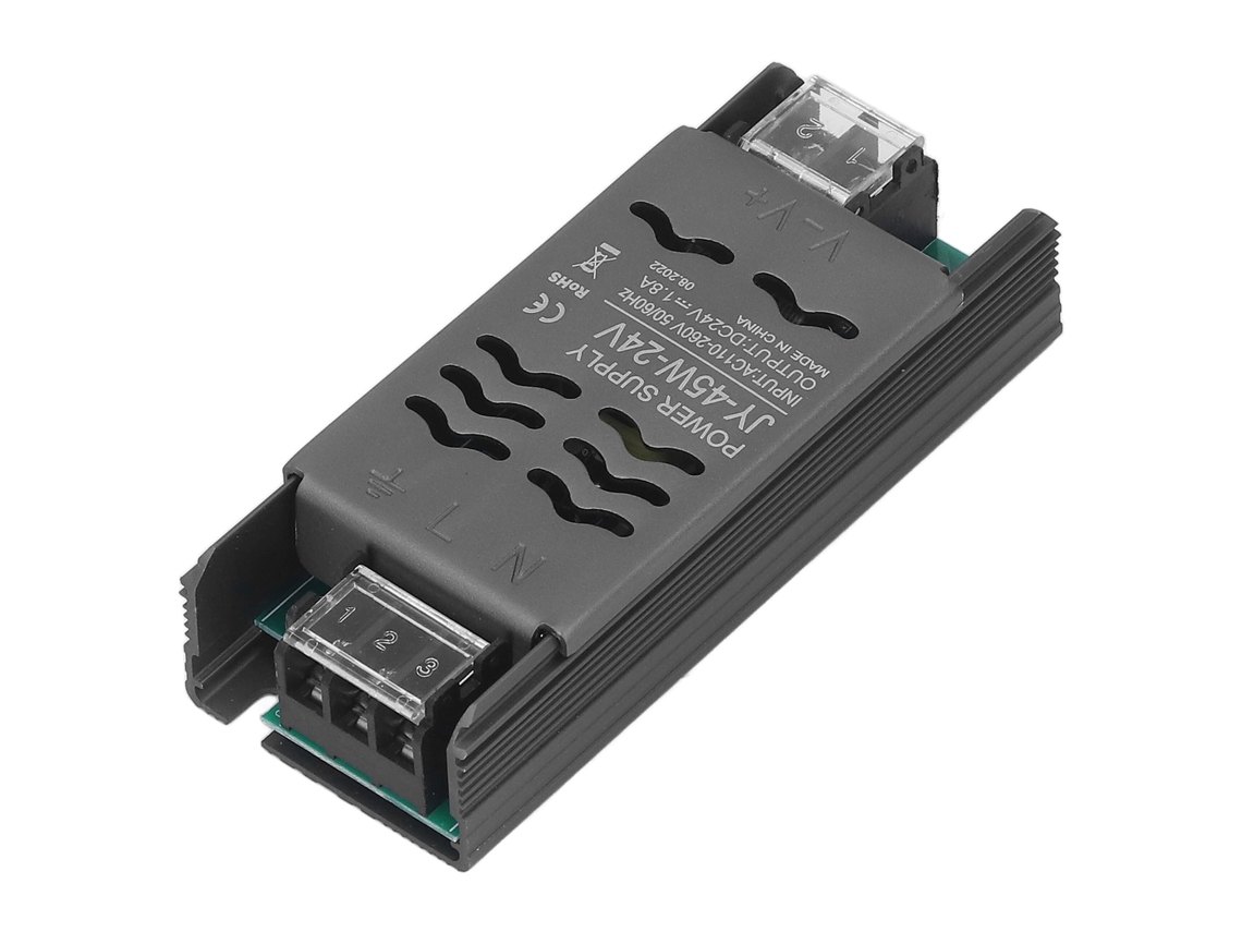 Fuente de alimentación CHABERLU de 24 V CC y 45 W, con protección IP20, compatible con corriente alterna de 110-260 V y 24 V CC.