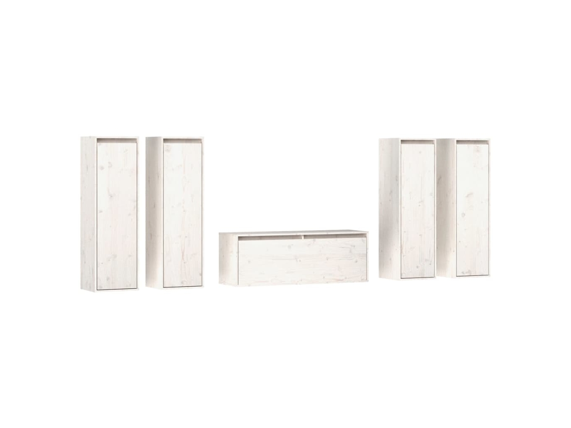 Mueble de TV de 5 piezas, madera maciza de pino, blanco, EXCLUSIVO DE LA CASA