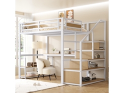 Cama Alta Metálica 140*200 con Escalera y Estantes de Almacenamiento, Diseño con Barandilla de Seguridad en Placas Metálicas Unidas.