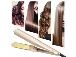 Plancha y rizador de pelo 2 en 1 con placas de cerámica y temperatura ajustable.