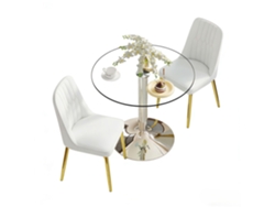 Conjunto Mesa Comedor 85 Cm - Vidrio Templado Con 2 Sillas Pu - Blanco Dorado Plateado