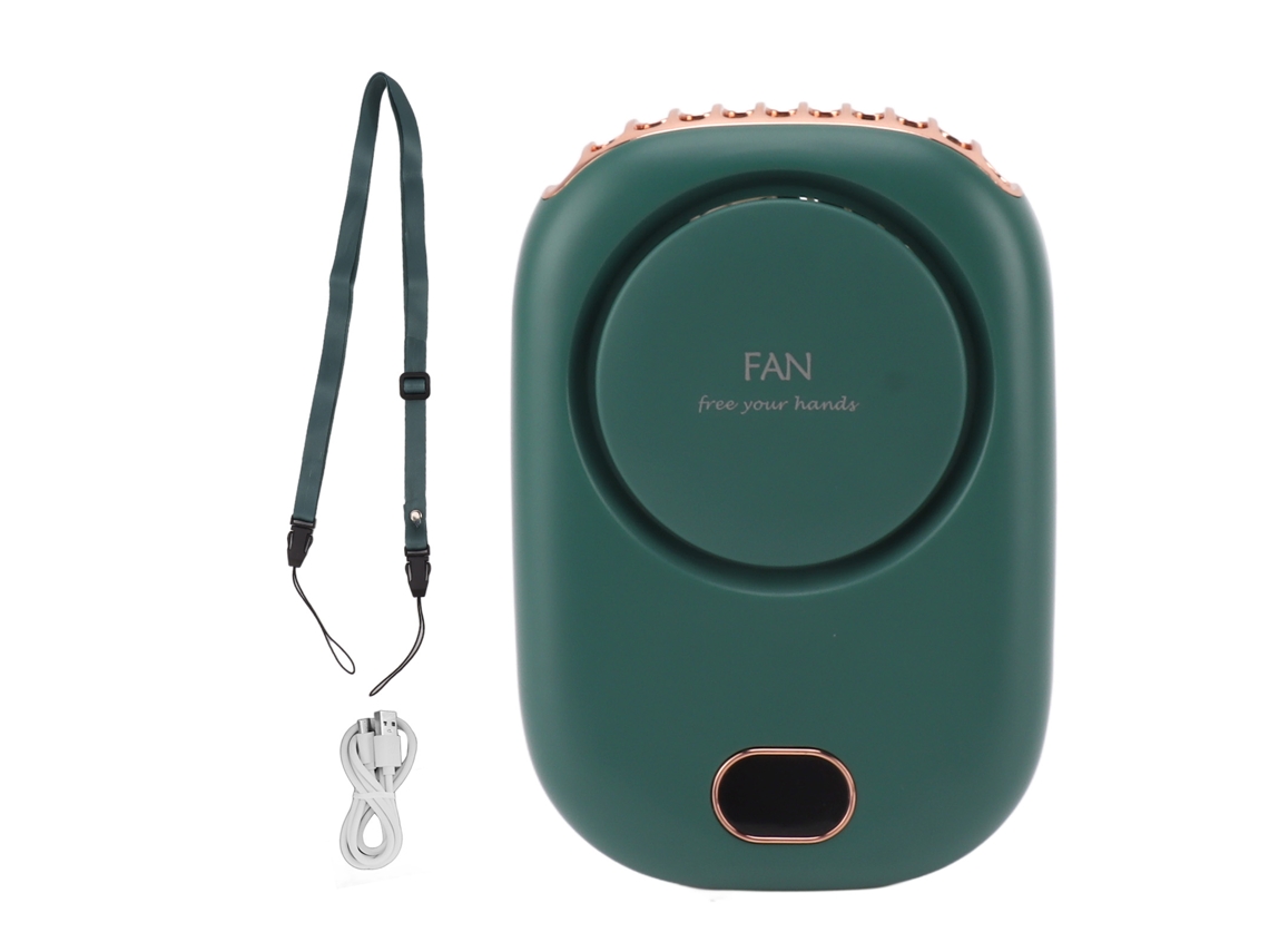 Ventilador de cuello USB portátil, 3 velocidades, verde, recargable.