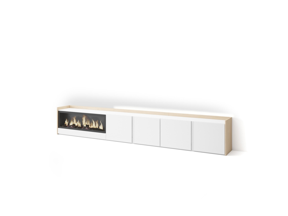 Mueble Tv, Televisión, 315x35x50cm, Para Tv Hasta 80", Chimenea Eléctrica Xxl, Led, Blanco Y Roble Soft
