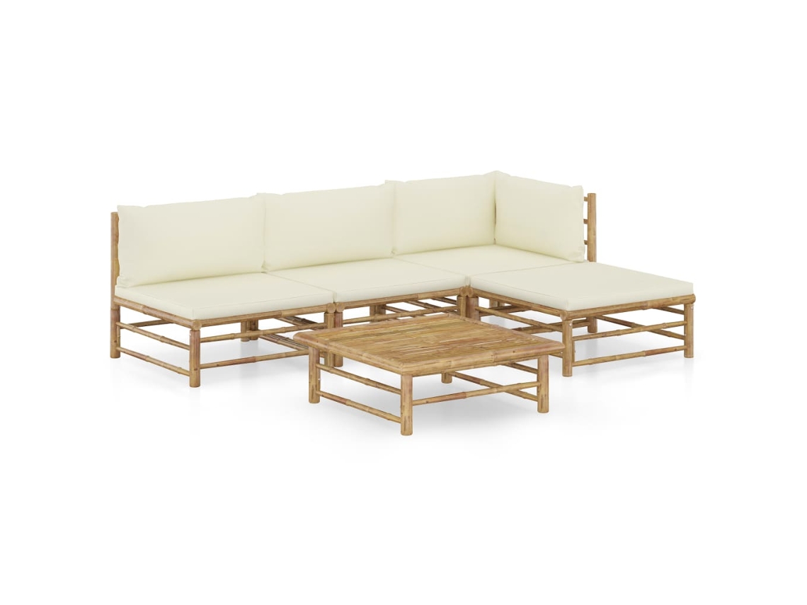 Conjunto Lounge 5 Peças P/ Jardim Em Bamboo C/ Almofadões Branco Nata Dkd Home Decor