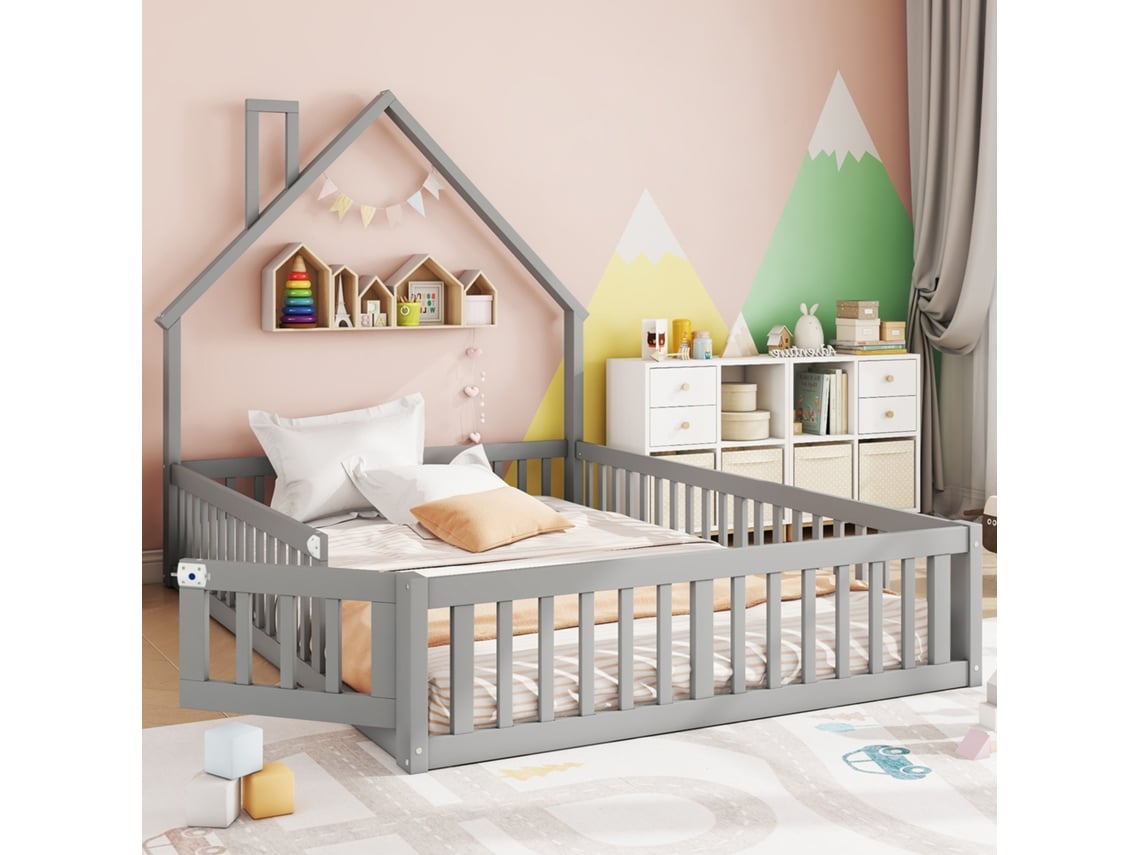 Cama Alta Infantil, Madera De Pino, 140x190 Cm, Chimenea, Base De Listones, Gris.