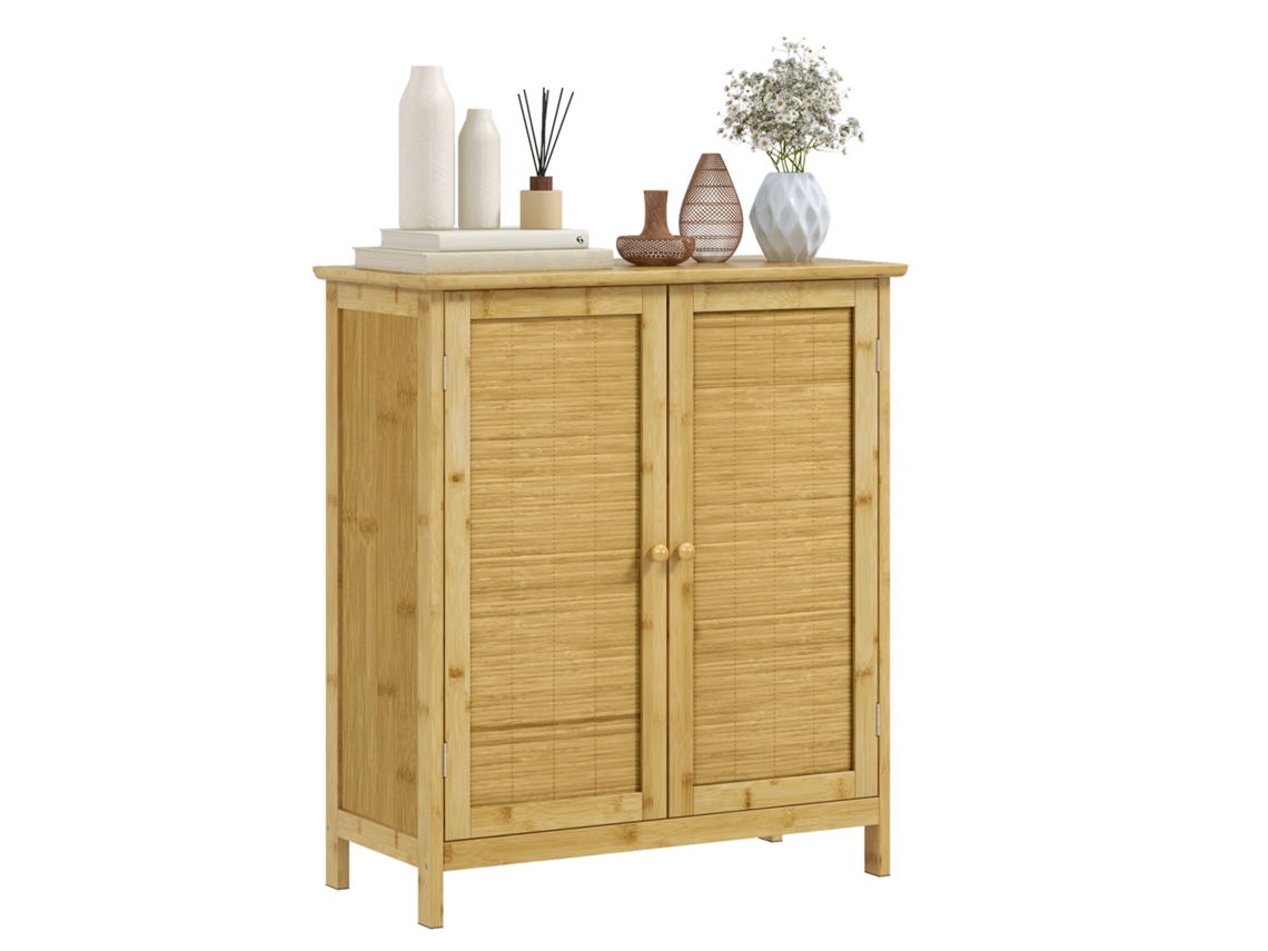 Aparador Estilo Boho em Rattan e Bambu com 2 Portas e Prateleira Interna, 60x27x67,5cm, Cor Madeira. ZENCORE SERVICES