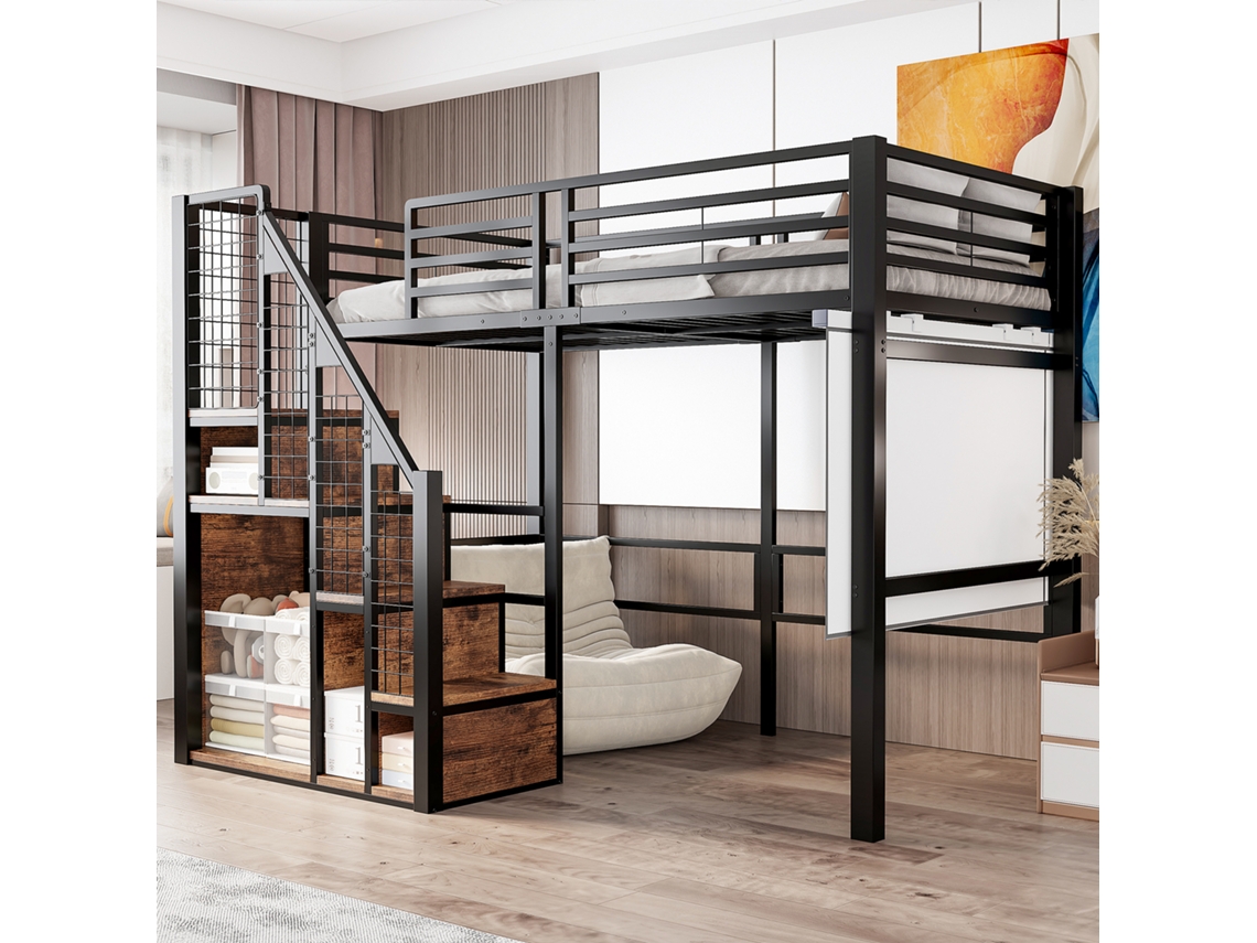 Litera Metálica De 90x200 Con Escalera Y Espacio De Almacenamiento - Negra