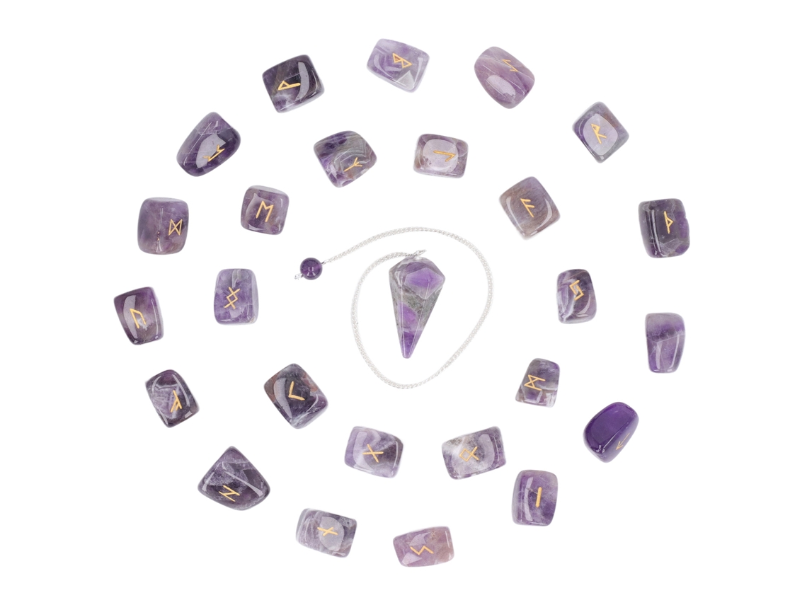 25 Piedras Rúnicas De Cristal Grabadas Con Péndulo Y Bolsa Para Meditación Y Adivinación.