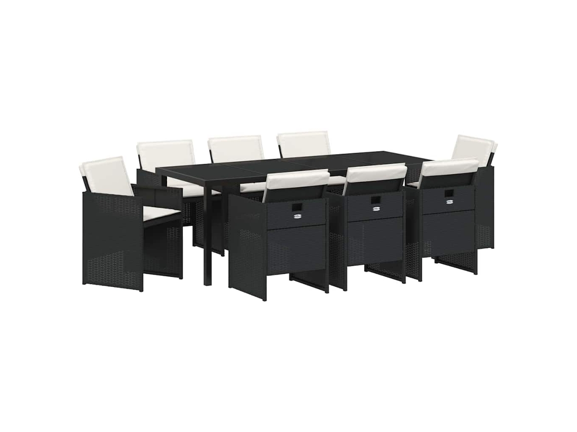 Juego de comedor de 9 piezas de mimbre negro con cojines. EXCLUSIVO DE MAISON.