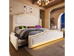 Cama De Terciopelo Beige De 160x200 Cm, 4 Cajones, Iluminación Led, Usb-c, Almacenamiento, Elegante Y Moderna.