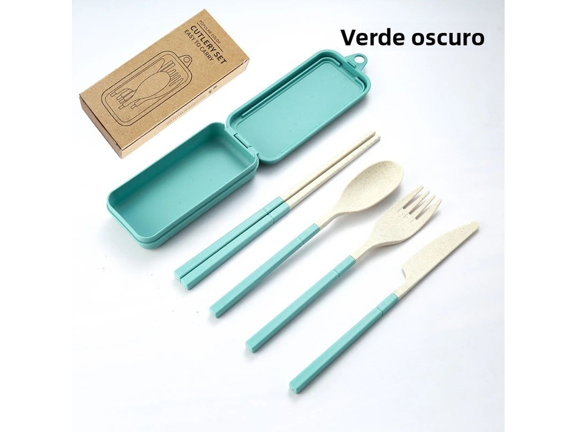 Juego De Cubiertos Portátil De Cuatro Piezas (verde Oscuro), Fabricado En Plástico Pp Ecológico, Desmontable.