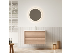 Mueble De Baño Mural, 81 Cm, Lavabo Rectangular De Cerámica, Acabado En Nogal.