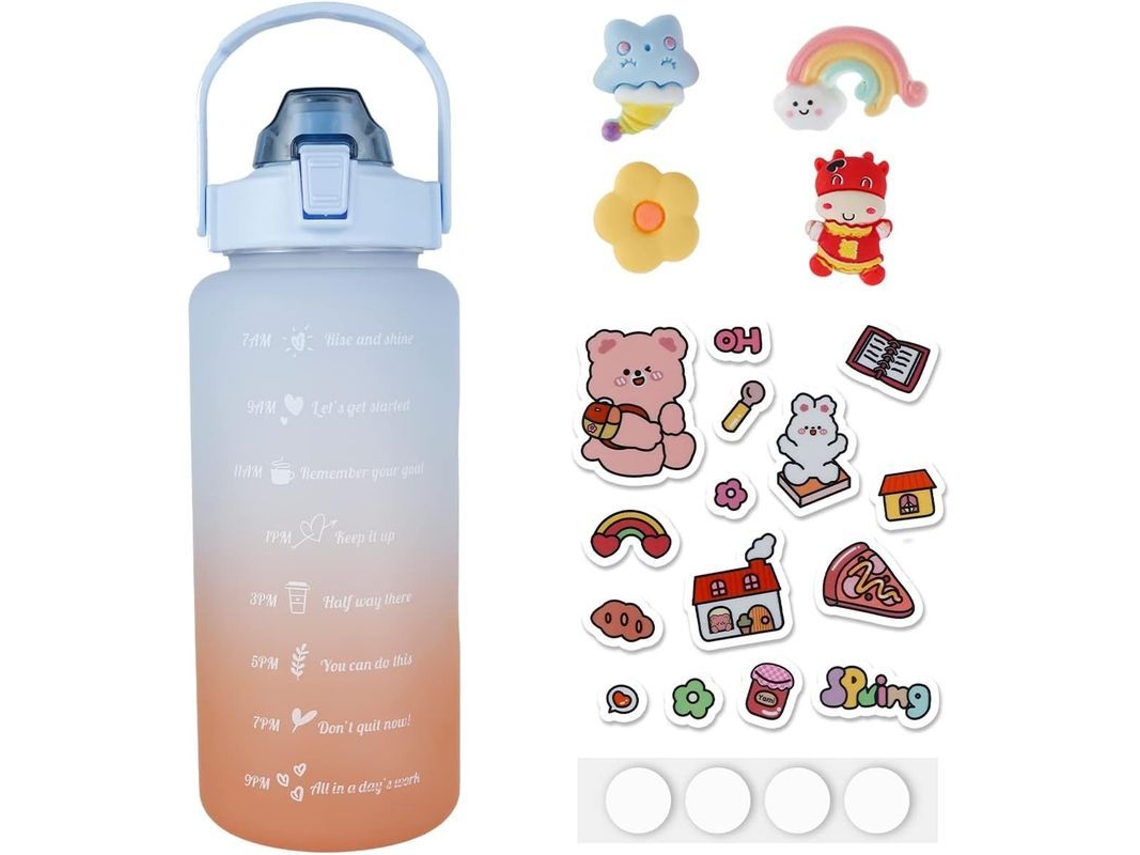 Botella de agua motivacional Linjou con marcadores de tiempo, pajita y asa (degradado azul y naranja)