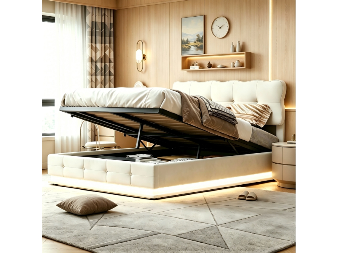 Cama Doble Tapizada De 140 X 190 Cm, Cama Doble Con Canapé Hidráulico Y Luces Led, Estructura Con Cabecero Regulable En Altura, Cama Acolchada