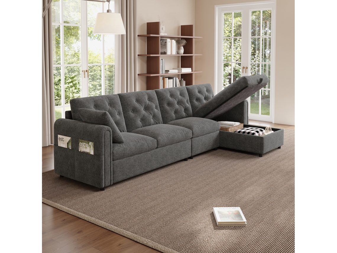 Sofá Moderno De Terciopelo 281x86x71 Cm - Con Almacenamiento, Brazo Con Bolsillos, Respaldo Con Botones - Gris