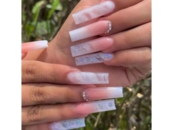 Uñas Postizas Largas Cuadradas En Rosa Y Blanco Con Efecto Degradado, Purpurina Y Diamantes De Imitación, Reutilizables.