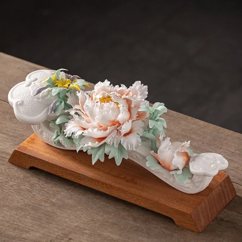 (naranja Con Base) Adorno De Peonía De Cerámica, Lujosa Y Hermosa Escultura De Escritorio Para Sala De Estar.