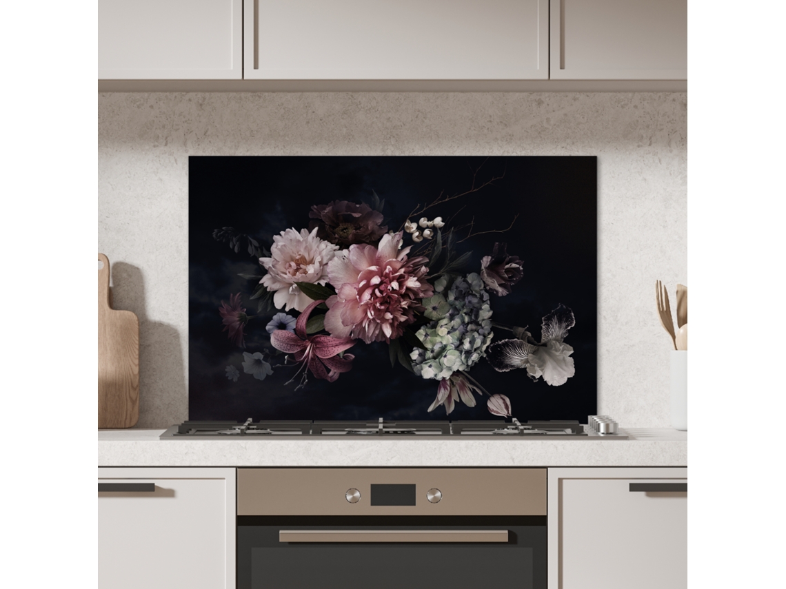 Panel antisalpicaduras de cocina con flores - Estilo vintage - Tonos pastel - Rosa - Blanco 90x60 cm