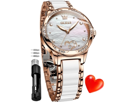 VEANXIN Reloj automático para Mujer Reloj de Diamantes Reloj de señora de cerámica de Oro Rosa para Mujer(esfera blanca)