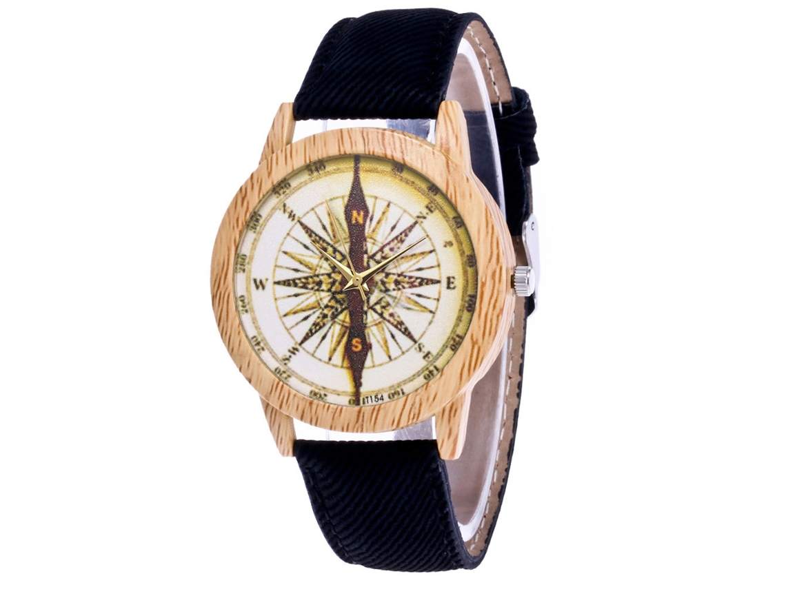 Reloj De Pulsera Unisex Zhoulianfa, Diseño De Brújula, Correa De Cuarzo Negra Vaquera.