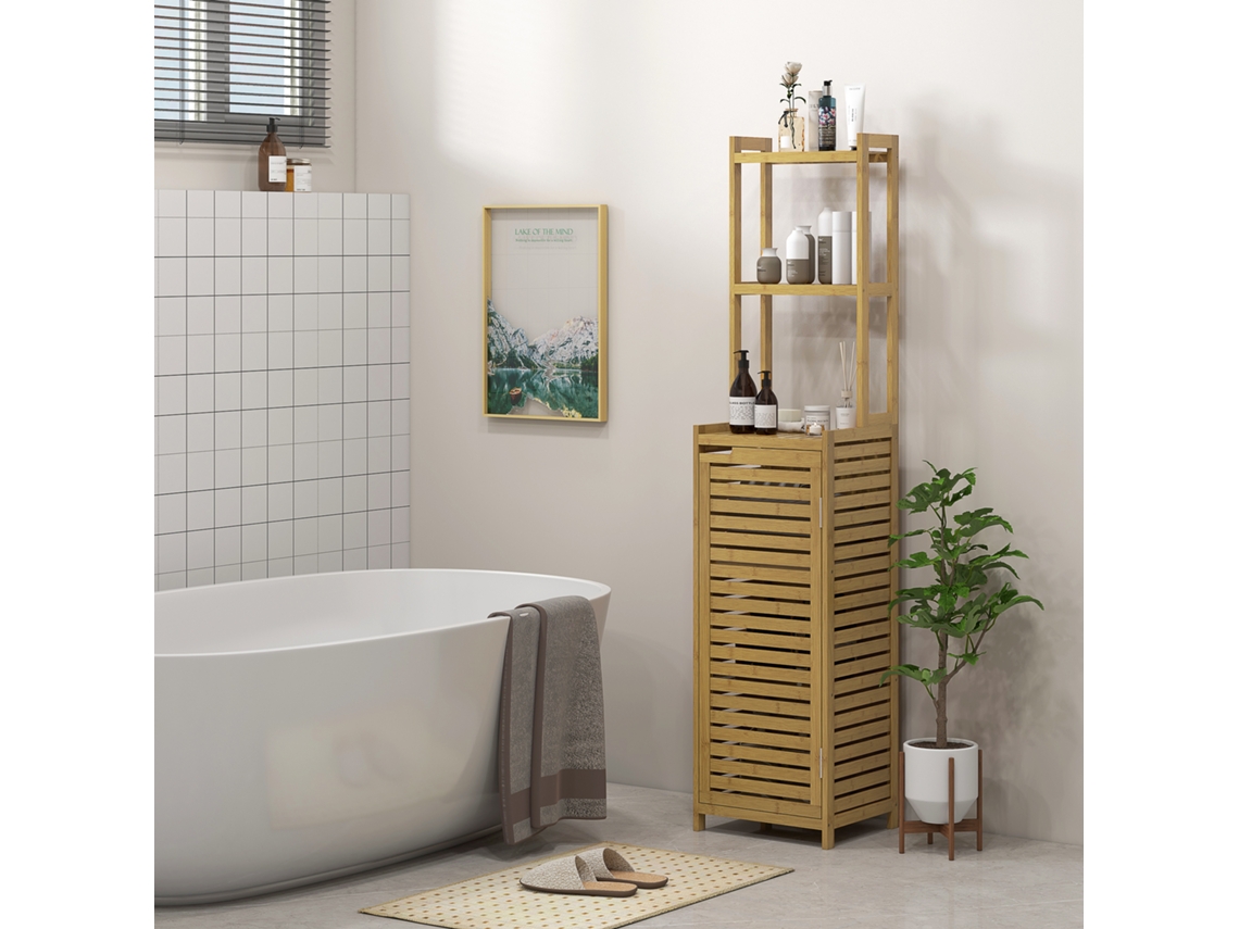 Armario alto de baño de bambú con 3 estantes y 1 puerta, 38,5 x 33 x 170 cm, color natural.