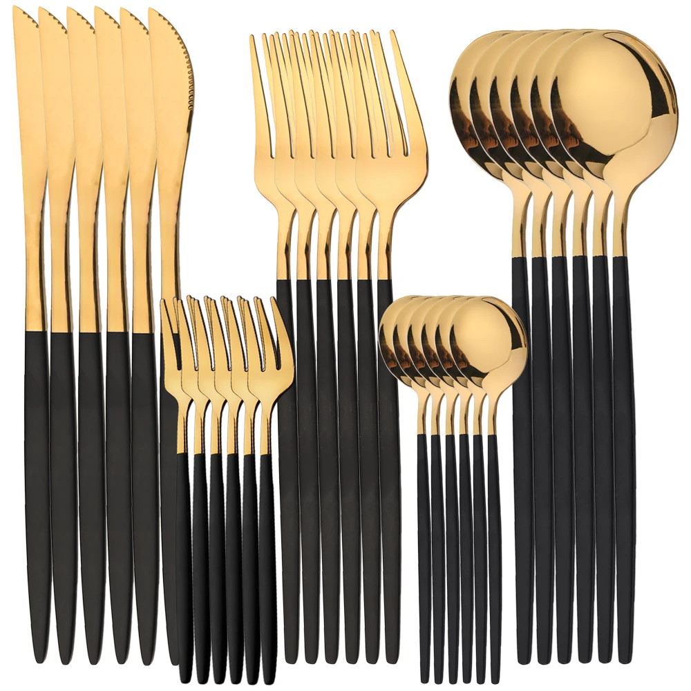 Conjunto de Jantar de 30 Peças em Aço Inoxidável com Espelho , Estilo Ocidental, Talheres. MDUG (preto e Dourado)