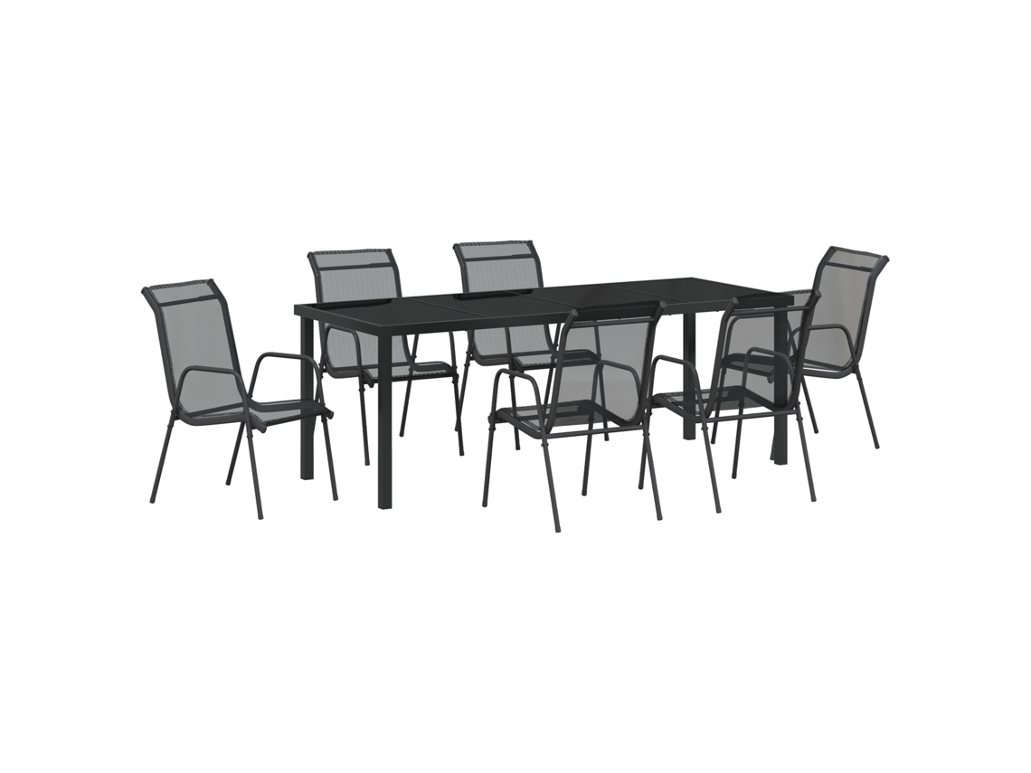 Conjunto de comedor de jardín Vidaxl de 7 piezas, textileno negro y acero