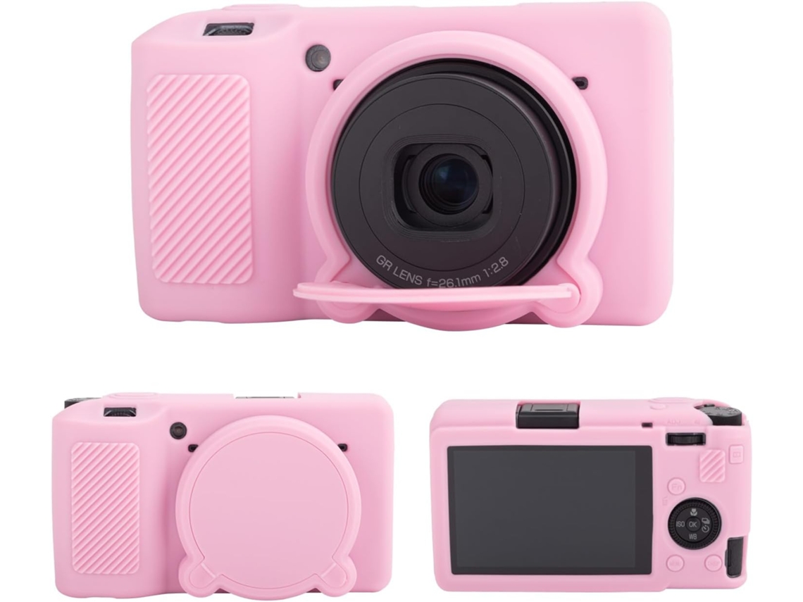 Tapa de objetivo de silicona HEXINYIGJLY para Ricoh GR III/GR IIIX. Tapa de objetivo extraíble, acceso para trípode, color rosa.
