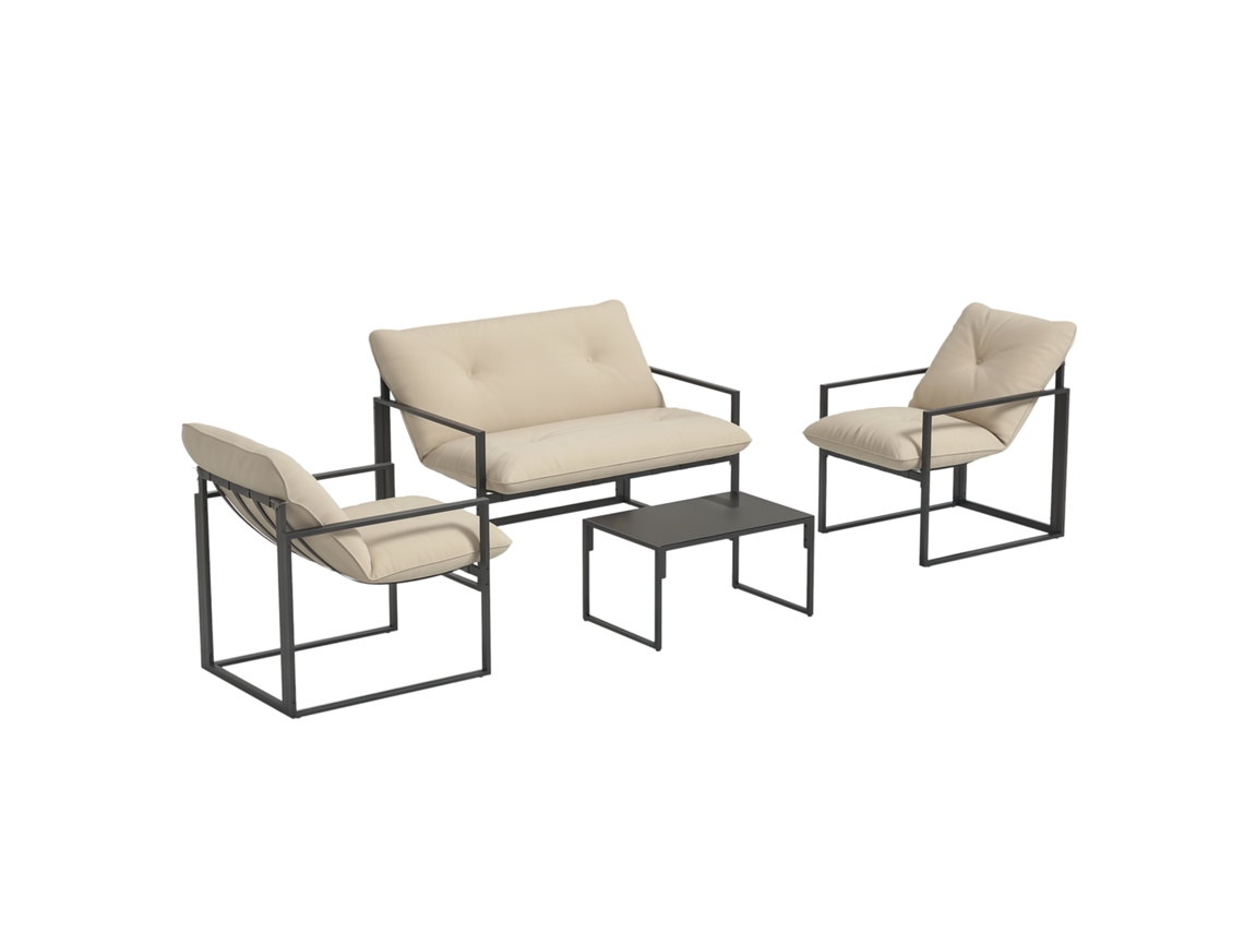 Set Muebles Jardín 4 Piezas Sofá 2 Plazas 2 Sillones Mesa Centro Gris Exterior