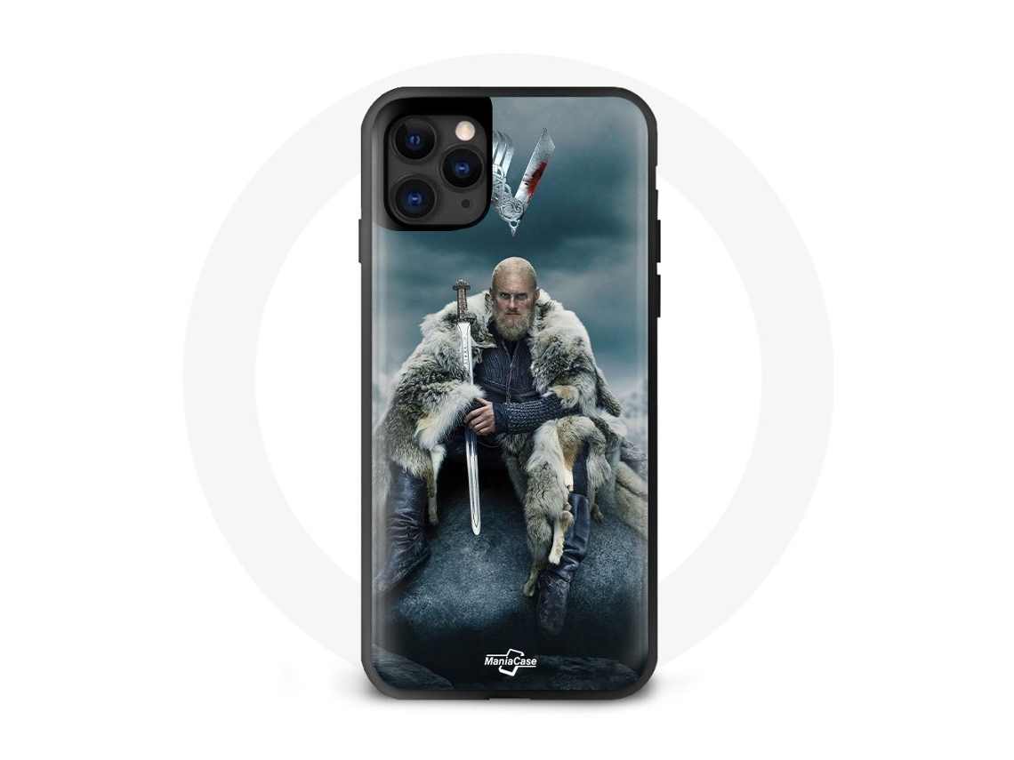 Funda iPhone 13 Mini Serie Vikingos Temporada 6 Ragnar Lothbrok V Logo Espada Fondo Gris Brouillard MANIACASE