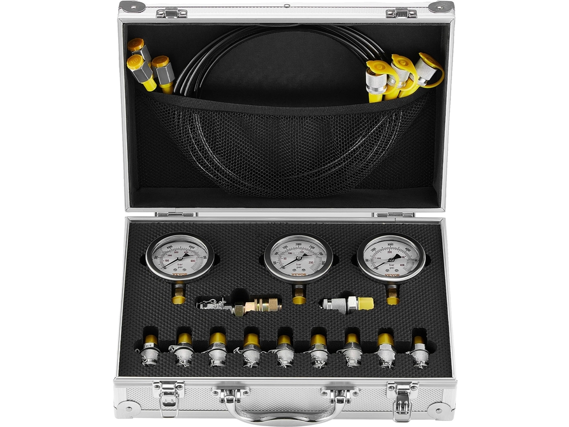 Kit de prueba de presión hidráulica, rango de 5 manómetros, acero inoxidable duradero, acoplamientos versátiles, 3 cabezales, 11 piezas OEM