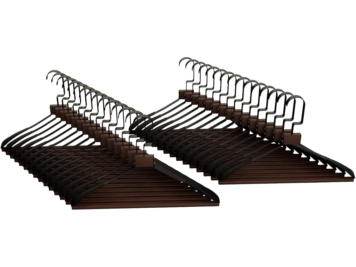 COM-FORT HOUSE | Percha Metal con Barra de Madera | Color Negro | Antideslizantes y Resistentes | Perchas para Ropa | Ideal para Chaquetas, Pantalones o Blusas | 30 Unidades