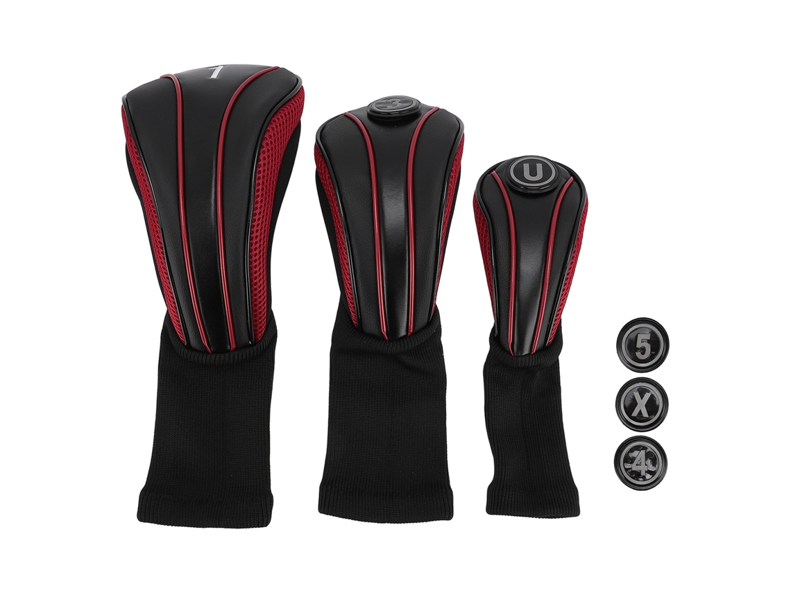 Juego de 3 fundas para cabezas de palos de golf con placas numeradas, cuello largo, antideslizantes, lijadas, de color negro y rojo.
