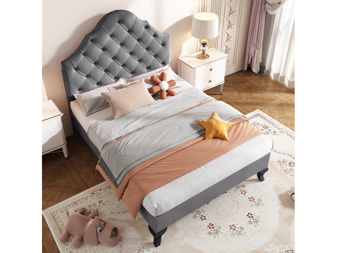 Cama Tapizada De 90x200 Cm Con Cabecero Regulable, Somier De Láminas, Estructura De Madera Y Tapizada En Terciopelo Gris.