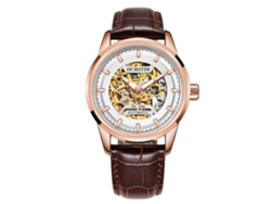 Reloj Mecánico Automático Para Hombre Ochstin Con Correa De Cuero Auténtico, Acabado Calado Completo, Acabado En Plata Y Oro Rosa.