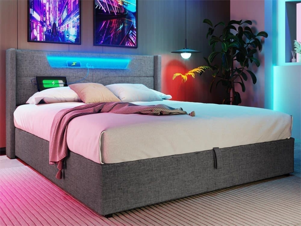 Cama Contenedor 140x200cm Tapizada En Tela De Lino - Con Led Y Puertos De Carga - Con Somier - Gris