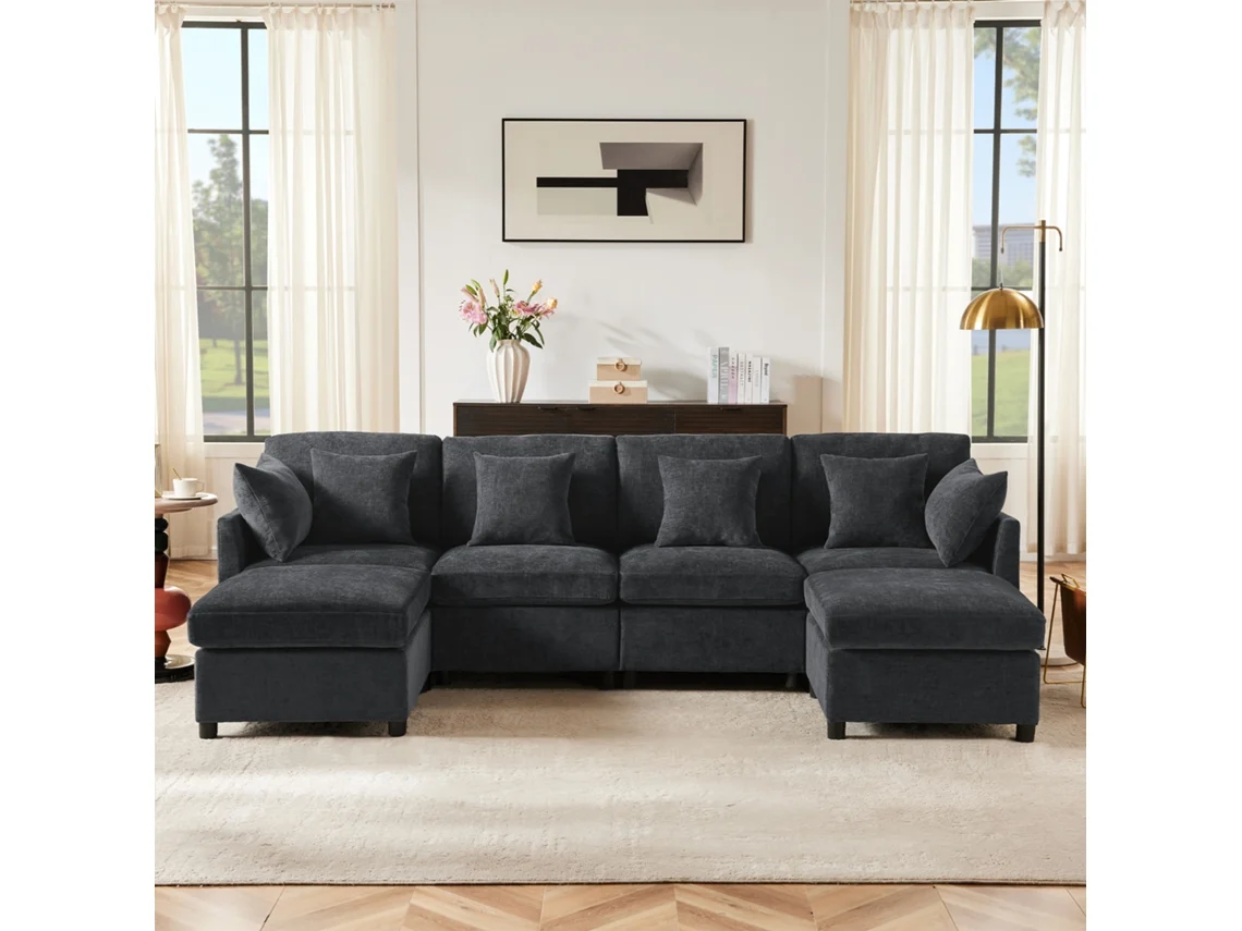 Sofá Modular De 4 Plazas Sofá De Esquina En L O U En Tejido Chenille Con Apoyo Para Los Pies, Adecuado Para Sala De Estar, Casa Estilo